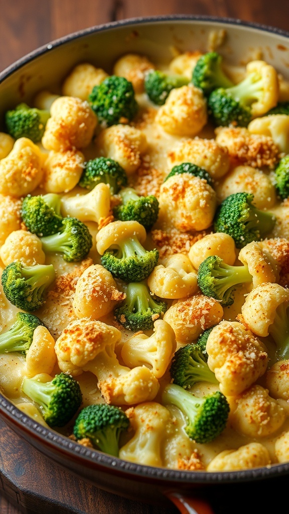 Cheesy cauliflower and broccoli casserole in a baking dish, topped with breadcrumbs and cheese.